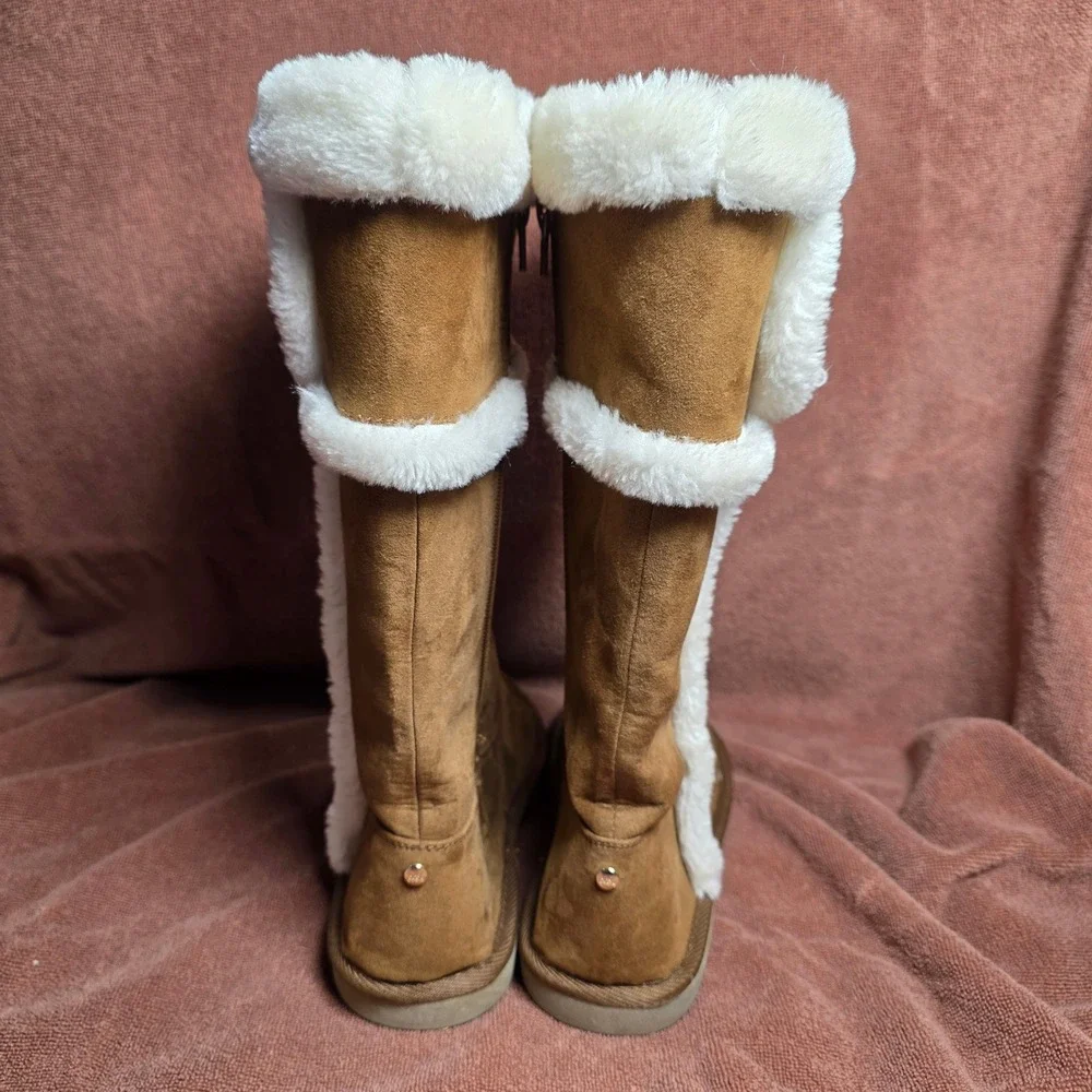 Michael Kors Womens Brown Faux Fur Trim Tall Winter Boots Cognac Suede Zip Up